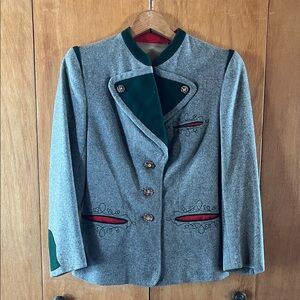 Vintage Austrian Gray Wool Embroidered Trachten Jacket Alpine Loden Style, Small